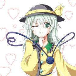  collar commentary_request dress extra_eyes female finger_to_mouth green_collar green_eyes green_hair hat hat_ribbon heart heart-shaped_pupils heart_background heart_of_string komeiji_koishi long_hair long_sleeves looking_at_viewer one_eye_closed photoshop_(medium) ribbon smile solo suzuki_sakura symbol-shaped_pupils third_eye touhou wide_sleeves 