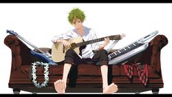  1boy acoustic_guitar akiyama_hayato bad_id bad_pixiv_id bare_arms barefoot bass_guitar bracelet brown_eyes couch flower flower_necklace from_below green_hair guitar idolmaster idolmaster_side-m instrument jewelry keytar lei letterboxed light_smile looking_at_viewer male_focus map_(map_imas) microphone music on_couch plaid playing_instrument rickenbacker rickenbacker_4001 simple_background smile solo white_background 