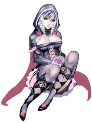  boots breasts capelet claw_(weapon) cleavage clothing_cutout commentary cross-laced_clothes cross-laced_cutout drill_hair elbow_gloves female flower full_body gloves grey_hair highres hood knee_boots kumiko_shiba large_breasts legs_together md5_mismatch orb purple_eyes purple_thighhighs red_eyes rose short_hair side_cutout sitting solo soulcalibur soulcalibur_v stomach_cutout thighhighs twin_drills viola_(soulcalibur) weapon 