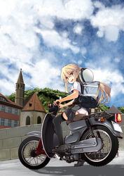  alternate_costume bismarck_(kancolle) black_thighhighs blonde_hair blue_eyes blush building church cloud cloudy_sky commentary_request day female from_behind from_side germany ground_vehicle hair_between_eyes hat helmet highres iwasaki_takashi kantai_collection long_hair looking_back moped motor_vehicle open_mouth outdoors panties pantyshot road short_sleeves sidelocks sitting skirt sky smile solo thighhighs underwear unworn_headwear unworn_helmet wall white_panties 