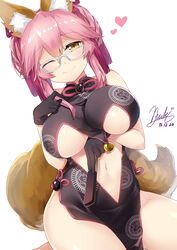  animal_ear_fluff animal_ears bare_shoulders black_dress black_gloves blush breasts china_dress chinese_clothes cleavage closed_mouth commentary_request dress fate/grand_order fate_(series) female folded_fan folding_fan fox_ears fox_girl fox_tail glasses gloves hair_between_eyes hair_ribbon hand_fan heart highres holding holding_fan koyanskaya_(chinese_lostbelt_outfit)_(fate) koyanskaya_(fate) large_breasts looking_at_viewer md5_mismatch navel one_eye_closed pink_hair pink_ribbon ribbon side_slit simple_background smile solo subaru_(794829485) tail tamamo_(fate) tamamo_no_mae_(fate/extra) upper_body white-framed_eyewear white_background yellow_eyes 