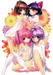  4girls absurdres agarest_senki_(series) agarest_senki_2 aina_(agarest_senki) arm_around_waist arm_support ass bare_legs barefoot black_eyes bow braid breasts brown_hair dress fiona_(agarest_senki) flat_chest flower french_braid hairbow headband highres hirano_katsuyuki holding_hands interlocked_fingers liel_(agarest_senki) looking_at_viewer looking_back multiple_girls navel no_pants off_shoulder official_art open_clothes open_shirt panties parted_lips pink_hair purple_eyes purple_hair ri_ra_rua scan shirt short_dress short_hair sitting sleeves_past_wrists small_breasts smile thighhighs twintails underwear white_dress white_legwear white_panties 