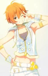  1boy ;) aoi_yusuke armlet bad_id bad_pixiv_id choker commentary_request grin hand_on_own_hip honeycomb_(pattern) hood idolmaster idolmaster_side-m male_focus map_(map_imas) one_eye_closed orange_eyes orange_hair smile solo teeth upper_body wrist_cuffs 