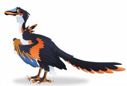  2015 ambiguous_gender archaeopteryx biped black_body black_feathers blue_body blue_feathers digital_media_(artwork) dinkysaurus dinosaur dnk dromaeosaurid extinct feathered_dinosaur feathered_scalie feathers featureless_chest feral full-length_portrait looking_at_viewer nude orange_body orange_feathers portrait prehistoric_species reptile scalie simple_background solo tail theropod velociraptor white_background 