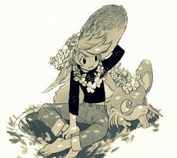  denim flower jeans monochrome pants pokemon pokemon_special ratticate seirakun3 straw_hat yellow_(pokemon) 