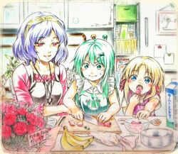  3girls :d aged_down animal_print apron banana bare_arms bare_shoulders blonde_hair blue_eyes blue_hair blush book bookshelf bottle bouquet bowl box closed_mouth collarbone commentary_request cream_puff cutting_board dress eating eyebrows flower food food_theft frog_hair_ornament frog_print fruit green_apron green_eyes green_hair hair_ornament hair_ribbon hairband hairclip indoors jewelry kitchen kitchen_knife knife kochiya_sanae long_hair magnet milk milk_bottle milk_carton moriya_suwako mother&#039;s_day multiple_girls necklace nora_wanko open_mouth outstretched_arms painting_(object) paper parted_bangs pastry_bag pendant picture_frame pinafore_dress purple_dress red_eyes red_flower red_ribbon red_rose refrigerator refrigerator_magnet ribbon rose santoku_knife shirt short_hair short_sleeves sign sleeveless sleeveless_dress sleeveless_shirt smile strawberry stuffed_animal stuffed_dog stuffed_toy sweat table tareme teaching touhou traditional_media translated window wing_collar yasaka_kanako yellow_ribbon 