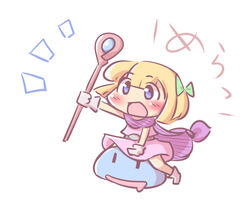  ^^^ blonde_hair blue_eyes blush bob_cut bow cape chibi commentary dragon_quest dragon_quest_v female gloves hairbow hero&#039;s_daughter_(dq5) maitora open_mouth riding short_hair simple_background slime_(dragon_quest) slime_knight smile staff tabitha_(dq5) translation_request white_background |_| 