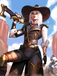  ashe_(overwatch) black_nails blue_sky blurry blurry_background bob_(overwatch) boots bracelet closed_mouth commentary cowboy_hat day earrings facing_viewer female fingerless_gloves from_below gloves gun hat holding holding_gun holding_weapon jewelry liang_xing lips lipstick makeup medium_hair mole mole_above_mouth nail_polish necktie nose outdoors overwatch overwatch_1 photoshop_(medium) red_eyes red_lips sky solo_focus standing tattoo thigh_boots thighhighs weapon white_hair 