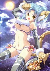  :d absurdres animal_ears antenna_hair arm_up bell bikini black_thighhighs blue_hair bow bow_panties bra breasts cait_sith_(genkai_tokki_monster_monpiece) cat_ears cat_tail cleavage clenched_hand cloud evemoina female fingernails from_side full_moon fur_trim genkai_tokki_monster_monpiece gradient_hair high_ponytail highres holding impossible_clothes jingle_bell large_breasts long_fingernails lowleg lowleg_panties moon multicolored_hair navel night night_sky oerba_yun_fang official_art open_mouth outdoors panties parted_bangs paw_pose ponytail print_thighhighs scan sharp_fingernails short_hair short_ponytail sitting sky smile solo spread_legs star_(sky) starry_sky swimsuit tail thighhighs underboob underwear underwear_only wand wariza white_bikini white_bra white_panties wide_hips yellow_eyes 