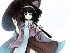  1other amanomiya_jun androgynous anmita_(rarutos) black_hair blue_eyes blunt_bangs blush bow bowtie cape hairband hakama hakama_skirt headset japanese_clothes len&#039;en md5_mismatch other_focus polka_dot rain short_hair skirt smile solo umbrella umbrella_hair_ornament 