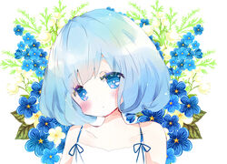  blue_eyes blue_hair blush female flower original short_hair solo tsukiyo 