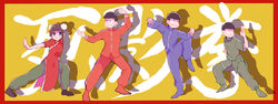  3boys andonut black_hair blunt_bangs border brothers brown_hair china_dress chinese_clothes commentary_request double_bun dress female fighting_stance hair_bun highres matsuno_choromatsu matsuno_karamatsu matsuno_osomatsu multiple_boys osomatsu-kun osomatsu-san osomatsu_(series) red_border shaorin_(osomatsu-san) siblings tangzhuang 