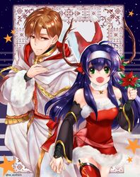  1boy ahoge bare_shoulders blue_hair brown_hair christmas cyaca_ab female fingerless_gloves fire_emblem fire_emblem:_akatsuki_no_megami fire_emblem:_souen_no_kiseki fire_emblem_heroes gloves green_eyes hairband hat headband long_hair looking_at_viewer nintendo purple_hair rhys santa_costume short_hair smile thighhighs wayu_(fire_emblem) white_hairband 