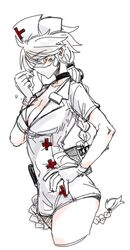  alternate_costume asymmetrical_hair braid breasts cleavage colored_eyelashes commentary_request cosplay cross female from_side grey_hair hand_on_own_hip hat jitome kantai_collection large_breasts long_hair looking_at_viewer mask mouth_mask nurse nurse_cap ponke red_cross single_braid skullgirls solo surgical_mask unryuu_(kancolle) valentine_(skullgirls) valentine_(skullgirls)_(cosplay) very_long_hair wavy_hair yellow_eyes 