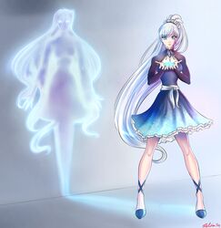  2girls blue_eyes commission crossover dress full_body glowing_eyes kisara long_hair looking_at_object rwby spirit weiss_schnee white_hair yu-gi-oh! zelka94 