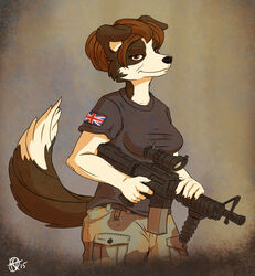  annabelle_chambers anthro bad_trigger_discipline border_collie brown_eyes brown_hair canid canine canis clothed clothing collie digital_media_(artwork) domestic_dog female gun hair hair_bun herding_dog mammal military pastoral_dog ranged_weapon rifle scope shaded sheepdog simple_background solo struggler union_jack weapon 