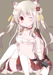  :&lt; absurdres animal_ears azur_lane bandaged_arm bandages black_cape black_gloves blush breasts brown_background brown_eyes cannon cape cleavage collar commentary_request female fingerless_gloves flower gloves hair_between_eyes hair_flower hair_ornament hamada_pengin head_tilt highres light_brown_hair long_hair medium_breasts official_alternate_costume one_eye_closed parted_lips pleated_skirt red_collar red_flower red_skirt sarashi short_eyebrows simple_background sitting skirt solo spiked_collar spikes tail thick_eyebrows thighhighs triangle_mouth turret two_side_up very_long_hair white_flower white_thighhighs wolf_ears wolf_girl wolf_tail yuudachi_(azur_lane) yuudachi_(shogun_of_snowballs)_(azur_lane) 