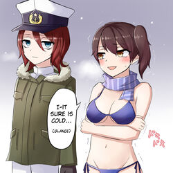  10s 2girls bikini blush coat cold female_admiral_(kantai_collection) hard_translated hat highres kaga_(kantai_collection) kantai_collection midriff multiple_girls navel neit_ni_sei snow stomach swimsuit translated trembling 