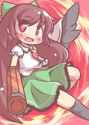  arm_cannon asymmetrical_legwear blush bow brown_hair female green_bow green_skirt hair_ribbon hairbow maitora open_mouth red_eyes reiuji_utsuho ribbon skirt smile solo touhou uneven_legwear weapon wings 