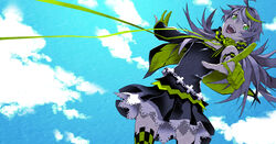  ahoge bare_shoulders belt checkered_clothes checkered_legwear cloud commentary_request cross day dress female fingerless_gloves gloves green_eyes green_hair highres long_hair looking_at_viewer miwa_shirow monochrome open_mouth original photoshop_(medium) pointing pointing_at_viewer sky smile spot_color supercell_(band) thighhighs 