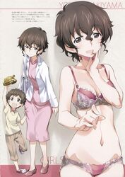  2girls absurdres aged_down akiyama_yoshiko akiyama_yukari bra breasts brown_eyes brown_hair capri_pants character_name cleavage copyright_name dress girls_und_panzer highres jacket kurashima_tomoyasu lolicon mature_female medium_breasts mother_and_daughter multiple_girls navel open_mouth panties pants pink_dress shirt shoes short_hair smile standing t-shirt underwear 