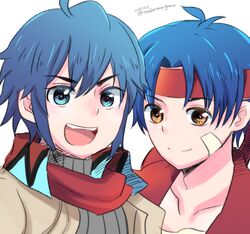  2boys absurdres blue_eyes blue_hair commentary_request dean_stark headband highres in-franchise_crossover kumaneko_yoshie male_focus multiple_boys red_vest rody_roughnight scarf smile vest wild_arms wild_arms:_million_memories wild_arms_1 wild_arms_5 