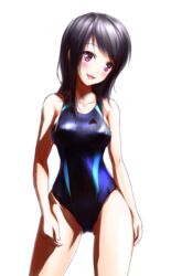  :3 :d black_hair blue_one-piece_swimsuit blush breasts collarbone commentary_request competition_swimsuit covered_navel cowboy_shot female hip_focus ina_(urobronai) legs_apart long_hair medium_breasts one-piece_swimsuit open_mouth original simple_background smile solo swimsuit thighs white_background 