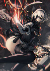  2b_(nier:automata) absurdres artist_name ass bad_artstation_id bad_id black_blindfold black_dress black_footwear black_gloves black_hairband black_ribbon black_thighhighs blindfold boots breasts chains cleavage cleavage_cutout closed_mouth clothing_cutout covered_eyes covered_navel dress drone edward_tsang facing_viewer feather-trimmed_sleeves feather_trim female floating foreshortening gloves greatsword hairband highleg highleg_leotard highres holding holding_sword holding_weapon huge_weapon juliet_sleeves katana leotard long_sleeves machinery medium_breasts mole mole_under_mouth nier:automata nier_(series) patterned_clothing pink_lips pod_(nier:automata) pointing pointing_at_viewer print_dress puffy_sleeves ribbon robot short_dress short_hair side_slit signature solo sword thigh_boots thighhighs thighhighs_under_boots turtleneck vambraces weapon weapon_on_back white_hair white_leotard 