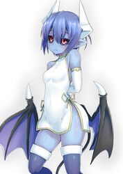  black_sclera blue_hair blue_skin blush breasts colored_sclera colored_skin commentary_request contrapposto demon_girl demon_horns demon_tail demon_wings dress elbow_gloves female gloves hair_between_eyes highres horns impossible_clothes looking_at_viewer low_wings parted_lips pointy_ears purple_thighhighs red_eyes seizaverus shinrabanshou short_dress short_hair skin_tight small_breasts solo standing tail thighhighs white_dress white_gloves wings zyugoya 