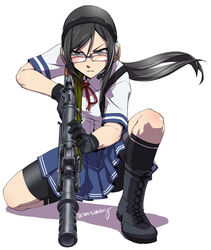  battle_rifle bike_shorts bike_shorts_under_skirt black_hair black_shorts black_socks commentary_request female glasses gloves gun headset highres howa_type_64 kamotama long_hair miniskirt pleated_skirt red_ribbon ribbon rick_g_earth rifle sabae_shizuka school_uniform short_sleeves shorts simple_background skirt socks solo weapon white_background 