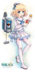  alcohol blonde_hair blue_eyes blush boots bottle character_name cup dress drinking_glass female gift hands_up hat heart highres holding holding_glass image_sample in_container in_refrigerator long_sleeves omaha_(zhan_jian_shao_nyu) one_leg_raised open_mouth pleated_skirt refrigerator sailor_collar sash short_dress short_hair simple_background skirt smile solo thigh_boots thighhighs twitter_sample whiskey white_dress white_hat white_legwear wine_bottle wine_glass yamimunemitsu zhan_jian_shao_nyu 