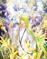  1boy bird bird_on_hand closed_mouth colorful commentary_request enkidu_(fate) fate/grand_order fate_(series) flower green_hair hand_up highres long_hair long_sleeves male_focus md5_mismatch nature photoshop_(medium) resolution_mismatch robe shutsuri smile solo source_smaller standing very_long_hair white_robe wide_sleeves yellow_eyes 