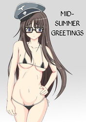  artist_request bikini black_hair blue_eyes female glasses gretel_jeckeln grey_background hand_on_hip hard_translated hat long_hair micro_bikini muvluv navel nazi peaked_cap schwarzesmarken shochuumimai solo swimsuit translated 