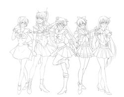  5girls aino_minako alternate_costume back_bow bishoujo_senshi_sailor_moon bishoujo_senshi_sailor_moon_(first_season) boots bow choker commentary_request eflunn_(emilylunn) elbow_gloves full_body gloves greyscale high_heel_boots high_heels hino_rei kino_makoto line_art mask mizuno_ami monochrome multiple_girls pleated_skirt pose sailor_jupiter sailor_jupiter_(prototype) sailor_mars sailor_mars_(prototype) sailor_mercury sailor_mercury_(prototype) sailor_moon sailor_moon_(prototype) sailor_venus skirt standing standing_on_one_leg transformation_brooch_(sailor_moon) tsukino_usagi 