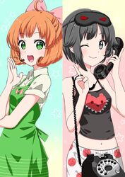  2girls ahoge antique_phone apron black_hair blush bow collared_shirt commentary_request curly_hair freckles green_apron green_eyes grey_eyes hairbow headset highres looking_at_viewer midriff moromoimaru multiple_girls one_eye_closed open_mouth orange_hair penny_polendina phone rotary_phone ruby_rose rwby shirt short_hair short_sleeves smile 