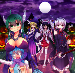  6+girls :d alma_elma alma_elma_(cosplay) antennae bad_id bad_pixiv_id bat_(animal) blazblue blonde_hair blue_hair blush braid breast_rest breasts broken_umbrella candy chocolate cirno cleavage cloak closed_eyes cloud cosplay dress facominn food frog full_moon geta green_eyes green_hair hairband hakurei_reimu halloween halloween_costume hat highres horns jack-o&#039;-lantern jewelry karakasa_obake kochiya_sanae konpaku_youmu large_breasts long_hair mon-musu_quest! moon mountain multiple_girls mystia_lorelei necklace night nontraditional_miko o_o oerba_yun_fang open_mouth photoshop_(medium) pink_hair purple_cloak rachel_alucard rachel_alucard_(cosplay) red_eyes rumia sack short_hair skirt smile snake sword tatara_kogasa team_9_(touhou) tears thighhighs touhou umbrella vest weapon white_legwear witch witch_hat wriggle_nightbug 