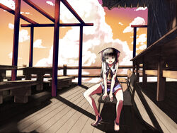  adapted_costume alternate_eye_color ascot bench bow brown_hair building casual cloud commentary_request evening fangs female hair_tie hairbow hakurei_reimu long_hair long_legs looking_at_viewer mikanbako_(rakkyasato) oerba_yun_fang open_mouth outdoors red_footwear shoes shorts sitting sleeveless solo sunset table touhou wooden_table yellow_eyes 