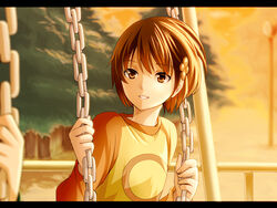  bad_id bad_pixiv_id brown_eyes brown_hair chains chie_(lcddem) circle female flower hair_ornament hairclip lcddem letterboxed looking_at_another olmatown short_hair smile swing teeth tree 