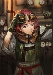  adjusting_eyewear closed_mouth commentary_request female gloves goggles goggles_on_head green_eyes green_gloves hands_up infukun koutetsujou_no_kabaneri light_smile looking_at_viewer red_hair short_hair sketch_background solo standing train_interior unfinished wide_sleeves yukina_(kabaneri) 