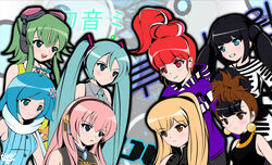  6+girls ahoge aqua_eyes aqua_hair bangs black_hair blonde_hair blue_eyes blue_hair blunt_bangs bom_(2ne1) brown_eyes brown_hair character_name cl_(2ne1) crossover dara_(2ne1) earrings eyeshadow female goggles green_eyes green_hair grin gumi hair_ornament hair_ribbon hatsune_miku headphones hood hoodie japanese jewelry k-pop koko korean long_hair makeup megurine_luka minzy_(2ne1) multicolored_hair multiple_girls necktie open_mouth pink_hair ponytail red_eyes red_hair revolutionboi ribbon scarf short_hair smile straight_hair twintails vocaloid yellow_eyes 