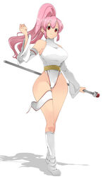  breasts character_request commentary_request detached_sleeves female full_body highleg highleg_leotard highres leotard looking_at_viewer medium_breasts name_john pink_hair ponytail priestess_(tales_of_destiny) red_eyes simple_background sleeveless smile staff standing tales_of_(series) tales_of_destiny wide_hips 