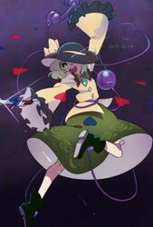  arm_up boots chabi_(amedama) commentary_request covering_one_eye dated eyeball female floral_print full_body green_eyes green_hair hat hat_ribbon heart heart_of_string jpeg_artifacts knife komeiji_koishi long_sleeves looking_at_viewer open_mouth phone ribbon shirt short_hair skirt smile solo string third_eye touhou wide_sleeves 