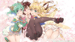  3girls aqua_hair ass black_bow blonde_hair blue_eyes bow brown_legwear clarice_amber commentary_request convenient_leg erika_oldenburg fairy hairbow knees_together_feet_apart legs_together long_hair medium_hair multiple_girls one_eye_closed one_side_up pantyhose petals photoshop_(medium) pleated_skirt pointy_ears pop-up_story school_uniform serizawa_shion shell shell_hair_ornament skirt st._feles_gakuen_uniform thomasz two_side_up 