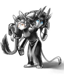  2015 android anthro armor avalenna blue_eyes clothed clothing conditional_dnp digital_media_(artwork) do_you_even_lift dress duo faraden female glowing glowing_eyes greyscale hair horn lagomorph legacy_(ratte) leporid lifting machine male mammal meme monochrome orange_eyes photon_(ratte) pure_faraden rabbit ratte ratteguhn ratteguhncat robot simple_background temperate_rainforest_ratteguhn 