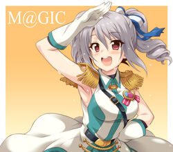  :d armpits badge blush breasts commentary_request crystal_night_party_(idolmaster) drill_hair epaulettes female gloves gradient_background grey_hair hand_on_own_hip heart idolmaster idolmaster_cinderella_girls kanzaki_ranko looking_at_viewer medium_breasts open_mouth orange_background photoshop_(medium) red_eyes round_teeth salute shoulder_belt smile solo sweat teeth twin_drills uraichishi white_gloves 