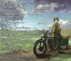  androgynous black_hair brough_superior cloud coat commentary_request day female grass green_eyes green_hair hermes_(kino_no_tabi) kino_(kino_no_tabi) kino_no_tabi koppen motor_vehicle motorcycle outdoors reverse_trap scenery short_hair sky translation_request wall_of_text 