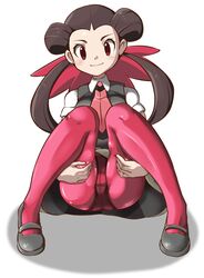  brown_hair commentary_request crotch_seam female hair_pulled_back long_hair looking_at_viewer mary_janes necktie panties panties_under_pantyhose pantyhose pink_pantyhose pokemon pokemon_oras red_eyes refuto roxanne_(pokemon) school_uniform shoes sitting smile solo twintails underwear 