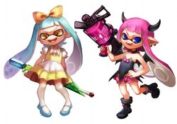  .52_gal_(splatoon) 2girls aqua_hair bare_shoulders blue_eyes boots bow choker commentary_request demon_wings earrings fangs hairbow horns inkling inkling_girl inkling_player_character jewelry kneehighs mary_janes monster_girl multiple_girls nishizawa pink_hair pointy_ears shoes shorts skirt skirt_set socks splat_charger_(splatoon) splatoon_(series) splatoon_1 super_soaker tentacle_hair wings yellow_eyes 