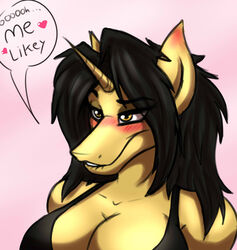  2017 amber_eyes amber_steel anthro better_version_at_source big_breasts bite biting_lip biting_own_lip black_hair blush breasts cleavage clothed clothing english_text equid equine eyebrows eyelashes female hair heart_symbol hi_res horn horse lips mammal mythological_creature mythological_equine mythology reaction_image self_bite solo tacticalfur text unicorn yellow_eyes 