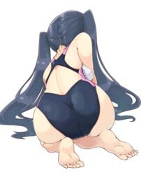  ass back_cutout barefoot black_hair clothing_cutout commentary_request competition_swimsuit feet female from_behind long_hair naka_akira one-piece_swimsuit original protected_link racerback school_uniform simple_background solo swimsuit toes twintails very_long_hair white_background 